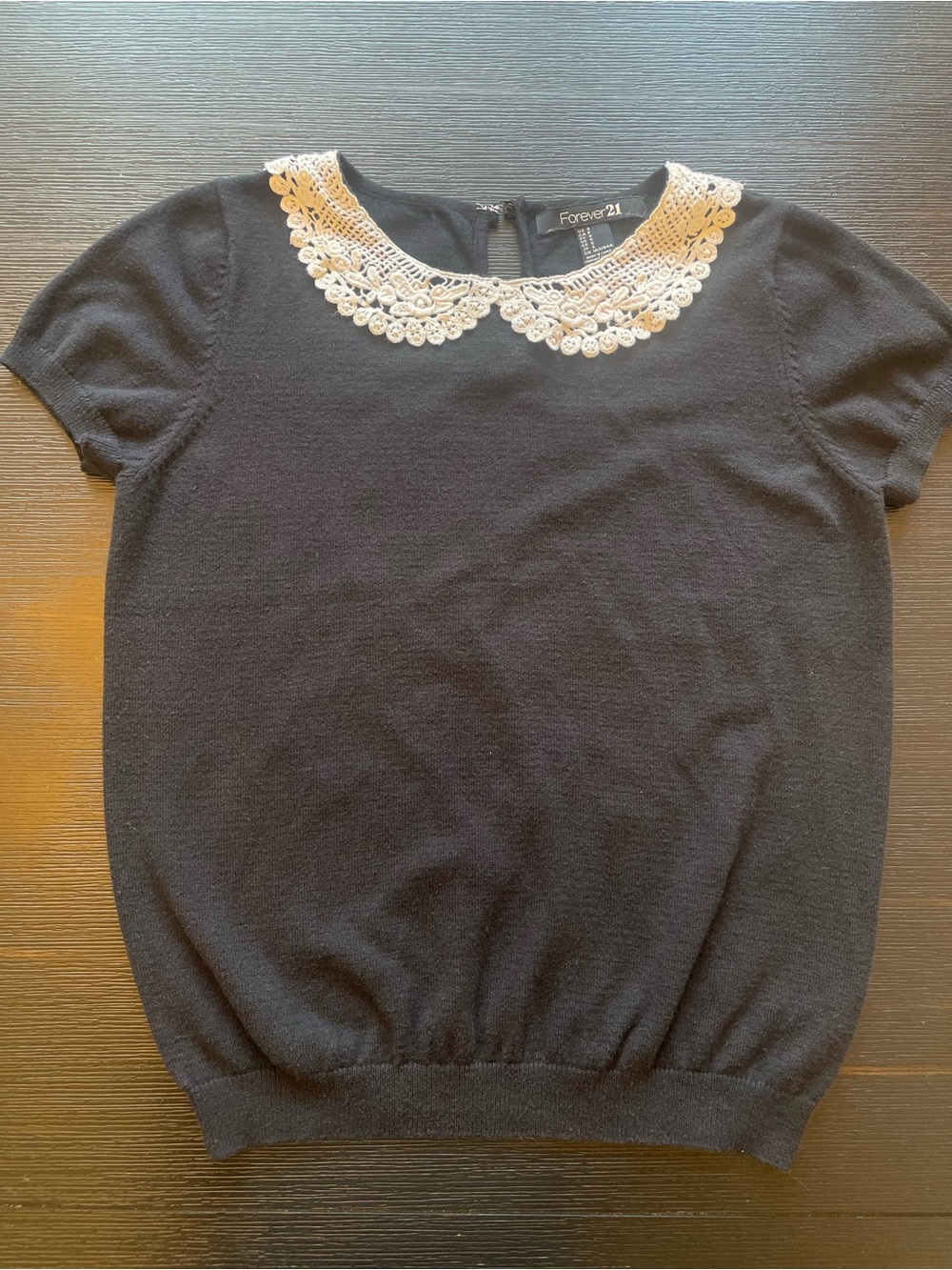 Forever 21 Vintage Black Short-Sleeve Knit Top with Cream Lace Peter Pan Collar